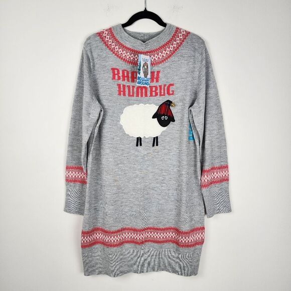 Rockin Around Ugly Sweater Christmas Dress Sweater Sheep Bell Gray Red Nordic XL - Picture 15 of 15